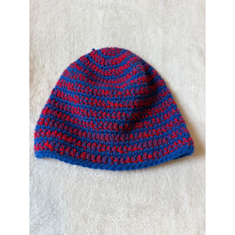 Handmade Crochet Beanie Unisex OS Blue Red Excellent Striped Knit Skull Cap